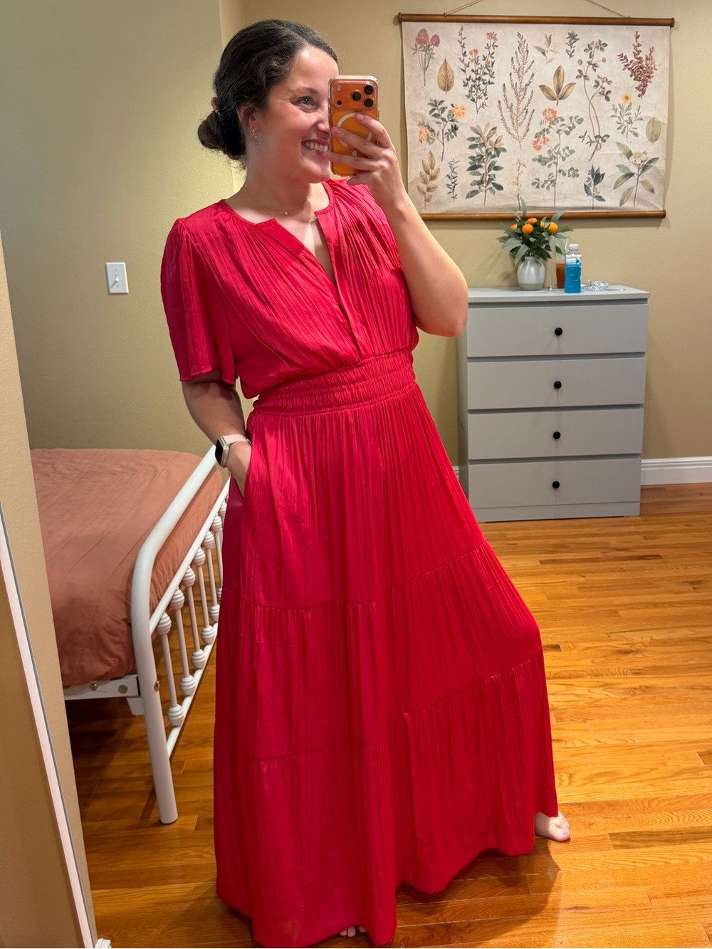 Anthropologie Somerset Bright Pink Satin Tiered Maxi Dress - Elegant V-Neck XL - Picture 4 of 12